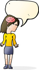 cartoon clever woman shrugging shoulders with speech bubble