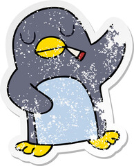 distressed sticker of a quirky hand drawn cartoon penguin
