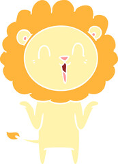 laughing lion flat color style cartoon shrugging shoulders