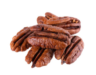 Pecan nuts isolated on white background. Shelled pecan. Clipping path.