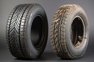 comparison of deflated tire and replacement tire. Generative AI - obrazy, fototapety, plakaty