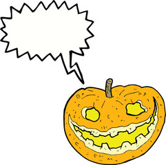 cartoon spooky pumpkin with speech bubble
