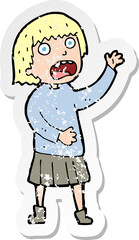 retro distressed sticker of a cartoon stressed out woman