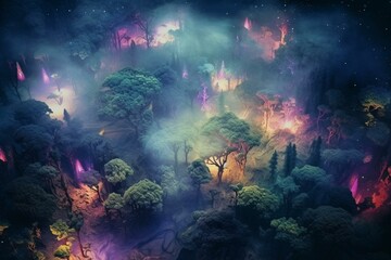 Aerial view of a mystical foggy forest at night, with colorful fairies and mythical creatures creating a touch of fantasy. Generative AI