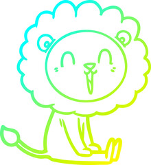 cold gradient line drawing of a laughing lion cartoon sitting