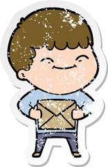 distressed sticker of a cartoon happy boy