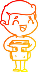 warm gradient line drawing of a cartoon laughing man holding book