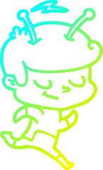 cold gradient line drawing of a friendly cartoon spaceman running