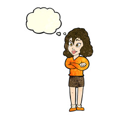 cartoon woman with crossed arms with thought bubble