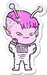 distressed sticker of a cute cartoon alien girl