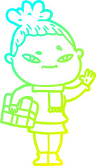 cold gradient line drawing of a cartoon woman