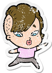 distressed sticker of a cartoon surprised girl pointing