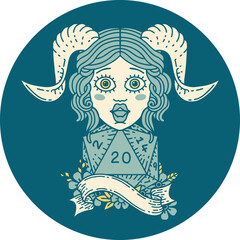 Retro Tattoo Style tiefling with natural twenty dice roll