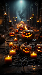 Background of a magical Halloween party atmosphere decorated with pumpkins and candles. Scene of quirky props in festive Halloween environment.