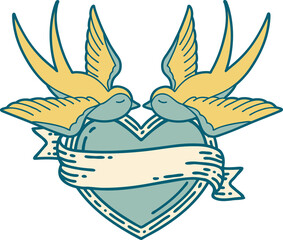 iconic tattoo style image of swallows and a heart with banner