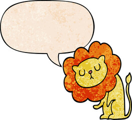 cute cartoon lion with speech bubble in retro texture style