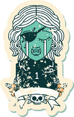 Retro Tattoo Style crying orc rogue character with natural one roll