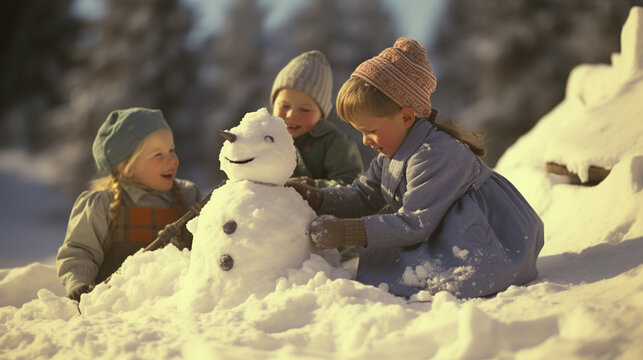 Children making a snowman outdoors in winter. 