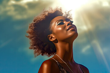 stylish african american girl is standing with flying hair from wind at sunset and looking up - Powered by Adobe