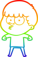 rainbow gradient line drawing of a cartoon curious boy