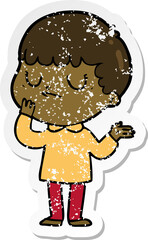 distressed sticker of a cartoon grumpy boy