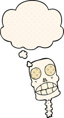 cartoon spooky skull with thought bubble in comic book style