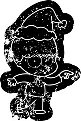 nervous quirky cartoon distressed icon of a boy wearing santa hat