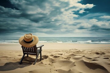 A beach with hat and chair on sand. Generative AI