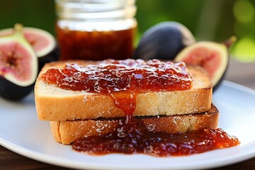 Sweet fig jam and jelly on breakfast toast. Generative AI - obrazy, fototapety, plakaty