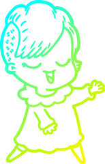 cold gradient line drawing of a happy cartoon girl