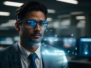 an office man wearing sophisticated glasses that can display a hologram screen, future technology