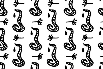 Snake poison and herbs. Doodle, black and white outlines.  Reptile drawing. Seamless vector pattern. Magic, witchcraft, Halloween.