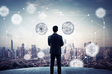 Obraz premium Man standing in front of a modern city representing network business innovation concept, digital transformation, networked economy, collaborative innovation, ecosystem, connectivity, disruption, open