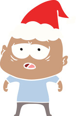 hand drawn flat color illustration of a tired bald man wearing santa hat