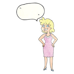 freehand speech bubble textured cartoon happy woman wearing dress