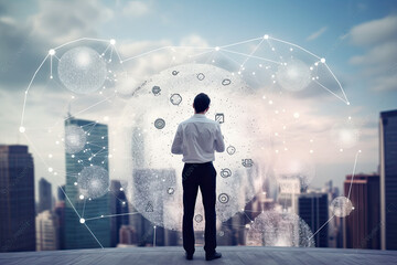 Man standing in front of a modern city representing network business innovation concept, digital transformation, networked economy, collaborative innovation, ecosystem, connectivity, disruption, open