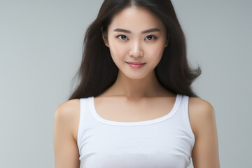 Obraz premium Woman wearing white tank top strikes pose for picture. This versatile image can be used for various purposes.
