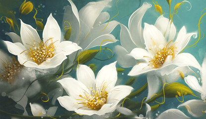 drawing of white flowers in watercolor style with paint splash spots
