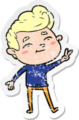 distressed sticker of a happy cartoon man giving a peace sign