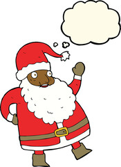 funny waving santa claus cartoon with thought bubble