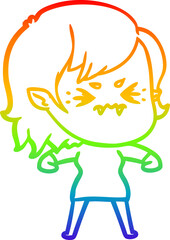 rainbow gradient line drawing of a annoyed cartoon vampire girl