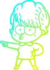 cold gradient line drawing of a cartoon woman