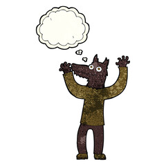 cartoon wolf man with thought bubble