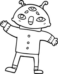 line drawing cartoon alien man in sensible clothes