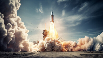 Launch of the rocket outdoors. Spacecraft flying in the sky on sunny day. 