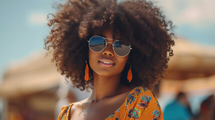 Portrait of smiling african american woman wearing sunglasses at the beach with copy space. Happy black girl wearing fashionable specs while smiling at seaside. Beautiful woman relaxing at sea. - obrazy, fototapety, plakaty