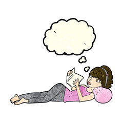 cartoon pretty woman reading book with thought bubble