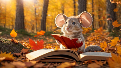 Cute cartoon mouse reading a book in the autumn park