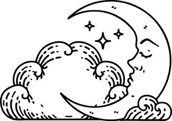 tattoo in black line style of a crescent moon and clouds © lineartestpilot