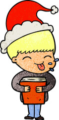 hand drawn textured cartoon of a boy wearing santa hat